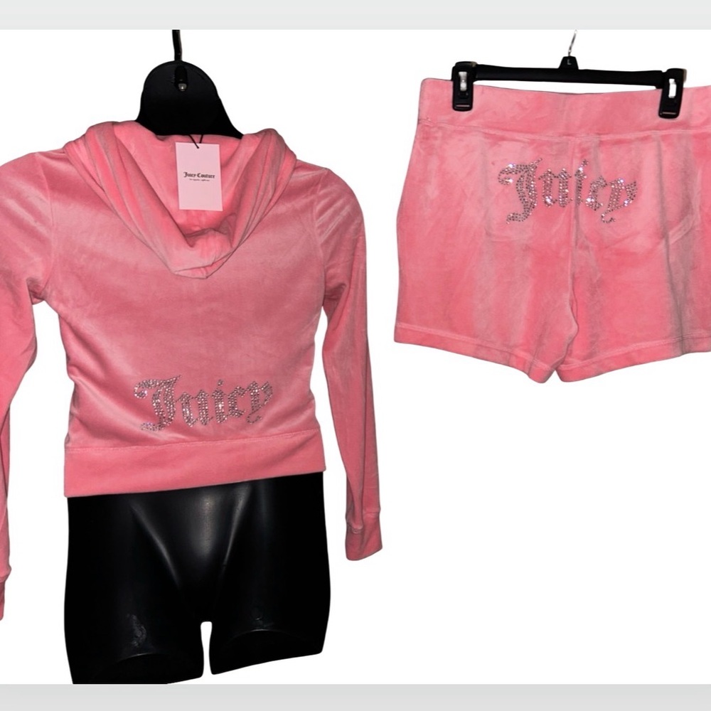 JUICY COUTURE BLING FLAMINGO RHINESTONE VELOUR SHORTS & HOODIE SWEATSUIT NWT